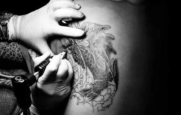 Picture gloves, tattooist, fingers, tattoo