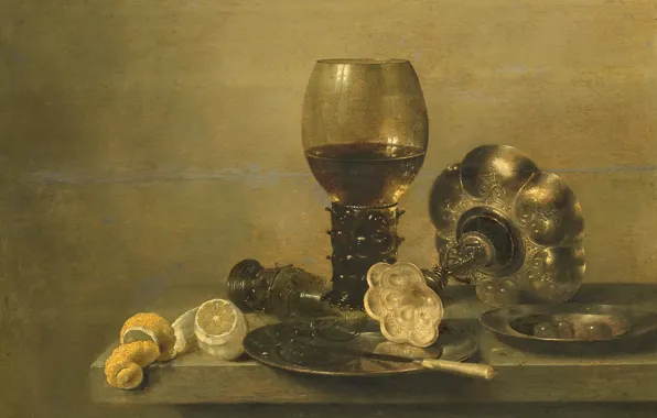 Lemon, oil, picture, Still life, Cup, Willem Claesz Heda, 1642, Willem Claesz Heda