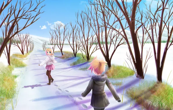 Picture winter, snow, mood, anime, len, alley, Vocaloid, Rin