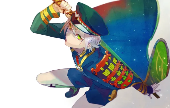 Picture shorts, katana, guy, game, cloak, cap, green eyes, military uniform