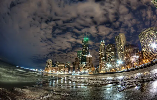 Lights, the ocean, coast, building, Chicago, night city, Chicago, skyscrapers