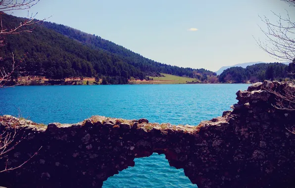 The sky, trees, lake, hill, devastation, blue water