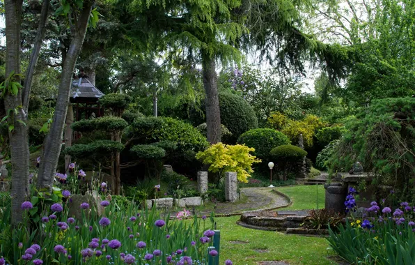 Trees, flowers, design, Park, stones, garden, lantern, gazebo