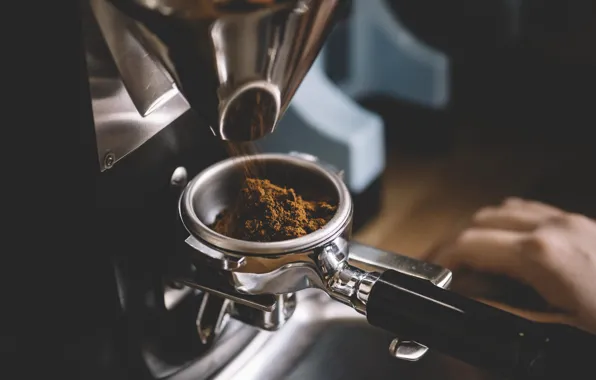 Machine, metal, the dark background, hand, stand, process, ground, coffee grinder