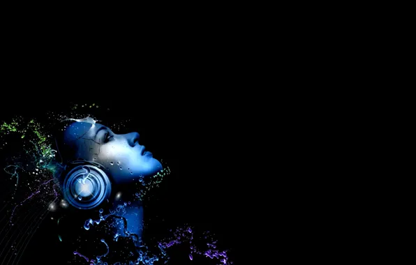 Picture BACKGROUND, GIRL, WATER, DROPS, BLACK, SQUIRT, FACE, HEADPHONES