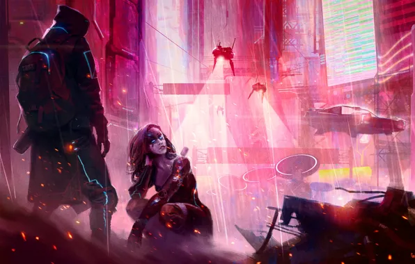 Girl, the city, future, rain, the game, neon, art, hood