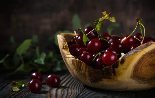 Picture leaves, berries, Board, bowl, cherry