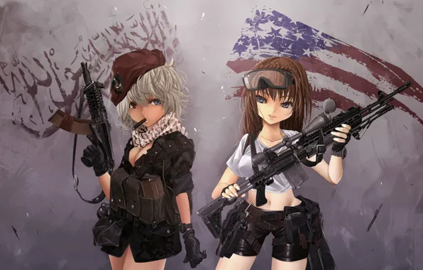 Picture girls, two, cigar, touhou, American flag, in the style of modern warfare 2, AKS74U