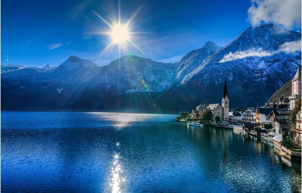Mountains, the city, lake, Austria, Alps, Hallstatt, a monument of UNESCO, municipality