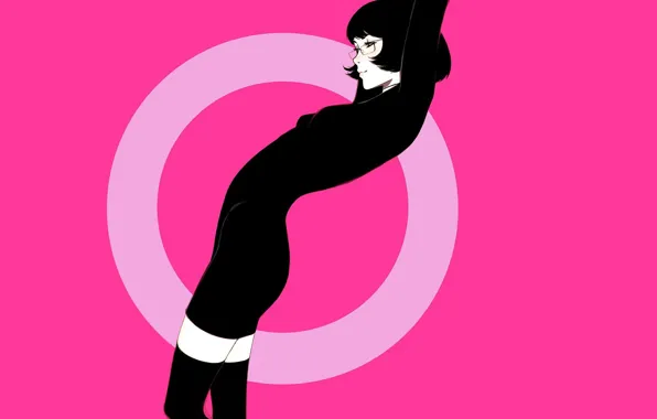 Girl, pose, haircut, round, brunette, glasses, black dress, pink background