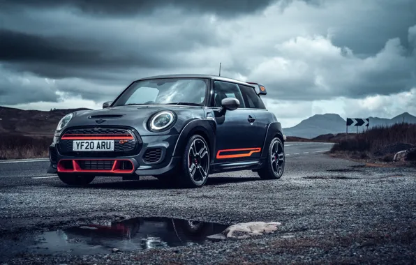 Machine, the sky, asphalt, clouds, puddle, Mini Cooper, drives, wheel