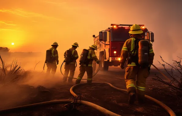 Smoke, Machine, Fire, Truck, Men, Digital art, Fire truck, AI art