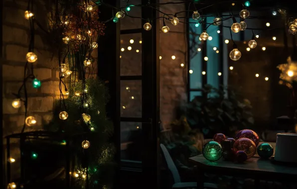 Balls, light, branches, house, the door, Christmas, New year, twilight