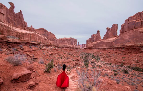 Girl, stones, rocks, dress, brunette, canyon, in red, the bushes