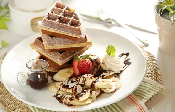 Picture chocolate, strawberry, bananas, dessert, waffles