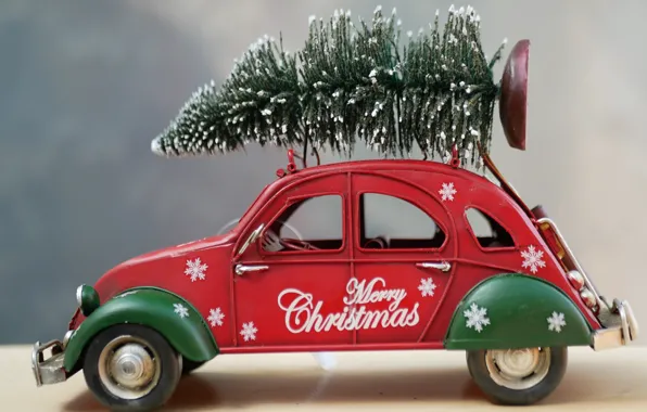 Picture winter, machine, snowflakes, red, holiday, the inscription, toy, new year
