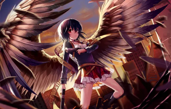 Girl, sunset, the city, weapons, guns, home, wings, anime