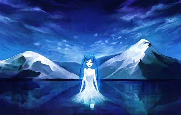 Picture cold, water, girl, mountains, night, vocaloid, hatsune miku, Vocaloid