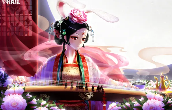 Flowers, Girl, kimono, ears, clips, koto