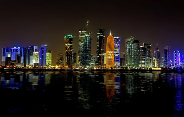 Night, the city, lights, building, skyscrapers, backlight, Bay, Qatar