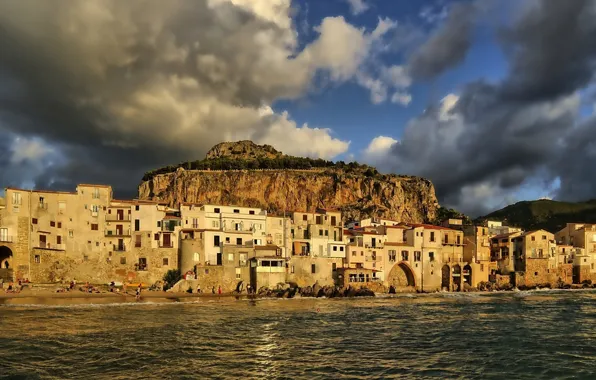 Picture sea, beach, clouds, landscape, mountains, rocks, home, Italy