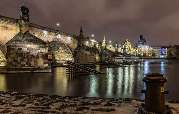 Night, bridge, lights, river, home, Prague, Czech Republic, lights