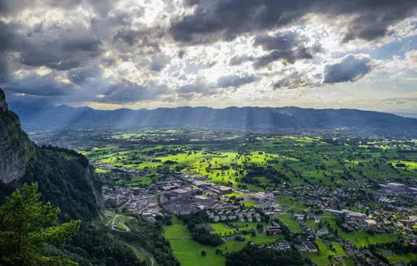 Clouds, rays, mountains, home, Austria, valley, Dornbirn