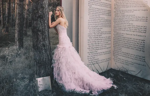 Forest, girl, trees, trunks, crown, dress, book, Princess