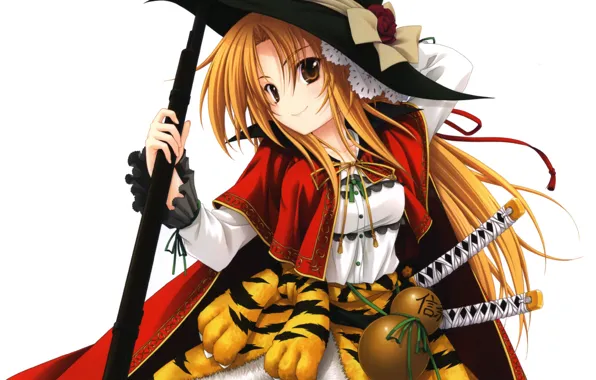 Picture girl, gun, weapon, hat, tiger, anime, samurai, rifle