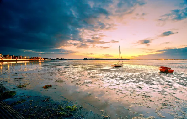 Picture sea, beach, the sky, clouds, landscape, sunset, nature, boats