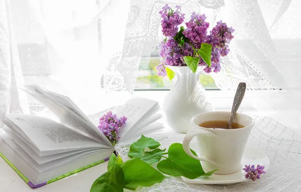 Summer, flowers, comfort, table, tea, window, Cup, book