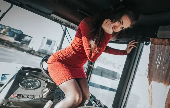 Pose, Girl, technique, dress, tractor, cabin, Anton Kharisov
