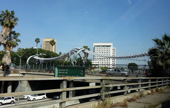 Bridge, palm trees, building, cars, Apocalypse
