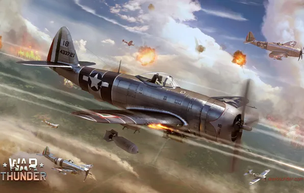 Picture the sky, fire, war, fighter, bomber, Art, American, Thunderbolt
