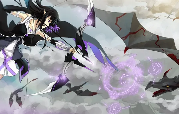 The sky, girl, clouds, light, weapons, dragon, anime, bow