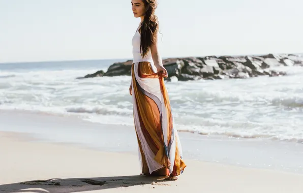 Sand, beach, skirt, brunette