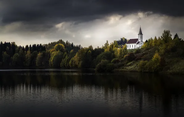Trees, lake, reflection, storm, mirror, Church, gray clouds