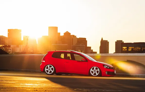 Picture the sun, red, the city, volkswagen, red, Golf, golf, gti