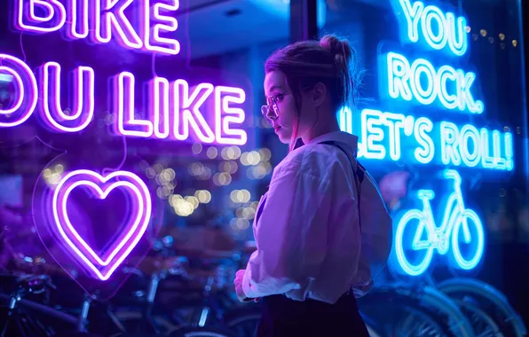 Girl, the city, labels, neon, glasses, shirt, sign, showcase
