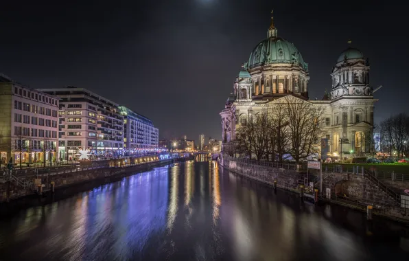 Night, the city, lights, river, building, Germany, Berlin