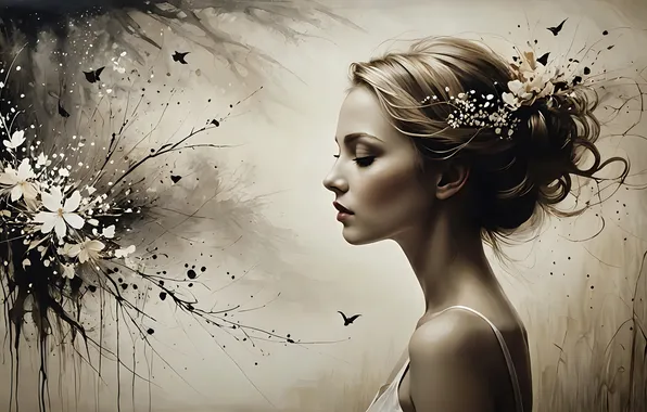 Girl, flowers, Sepia, hairstyle, profile, AI art, neural network