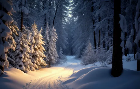 Winter, frost, road, forest, light, snow, trees, nature