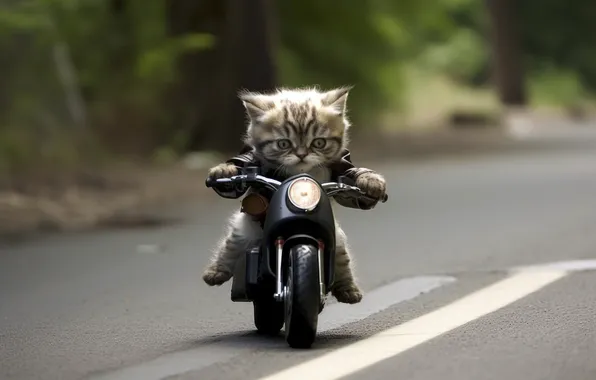 Cat, Kitty, Motorcycle, Creative, Baby, Digital art, Biker, AI art