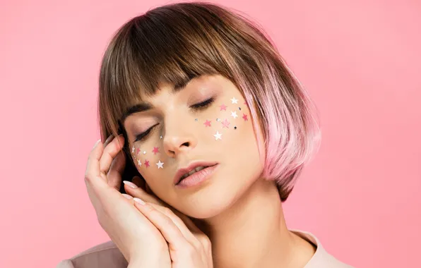 Girl, close-up, face, pose, background, portrait, hands, makeup