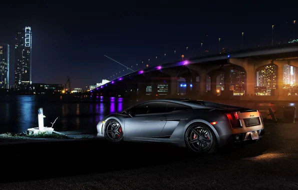 Picture auto, night, bridge, lamborghini gallardo, Lamborghini