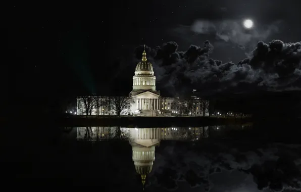 Night, clouds, lake, reflection, the moon, West Virginia Architecture State Capital