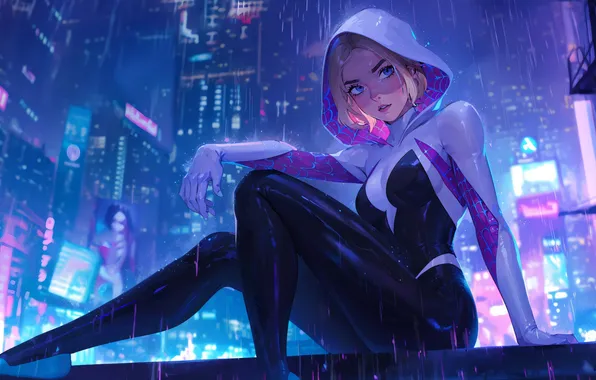 City, rain, bodysuit, night, blue eyes, blonde, digital art, Spider-Man