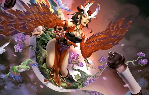 Chest, girl, bird, feet, wings, dress, art, scroll