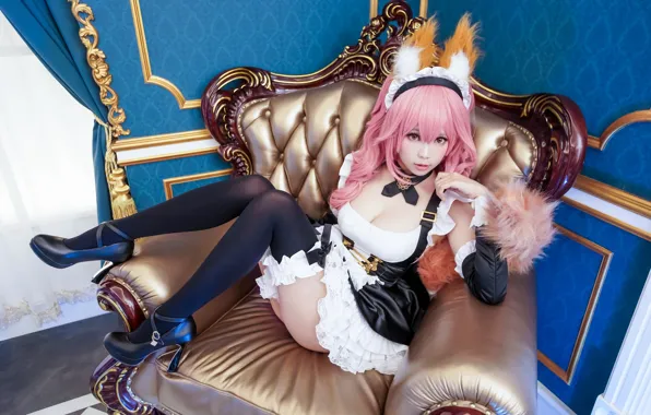 Gold, cleavage, pink hair, animal ears, black stockings, blue, walls, chair