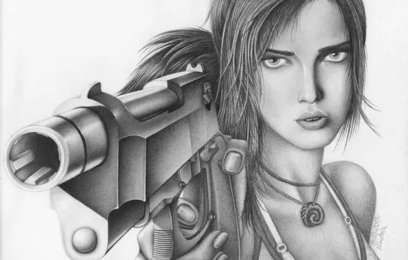 Picture look, face, gun, weapons, figure, art, pencil, lara croft